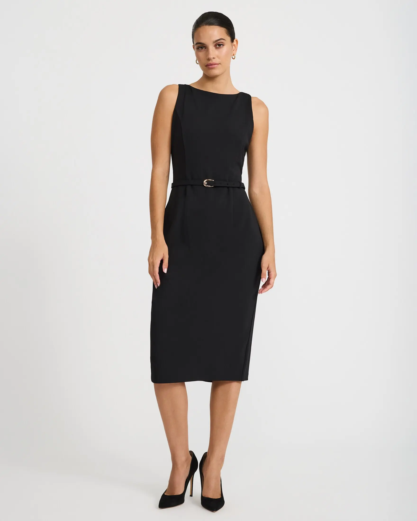 Express Crepe Boat Neck Belted Midi Sheath Dress