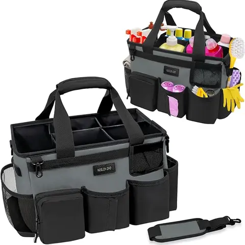 Grey wearable cleaning bag with handle and shoulder strap, suitable for cleaning car cleaning tool organizer bag with 5 foldable partitions