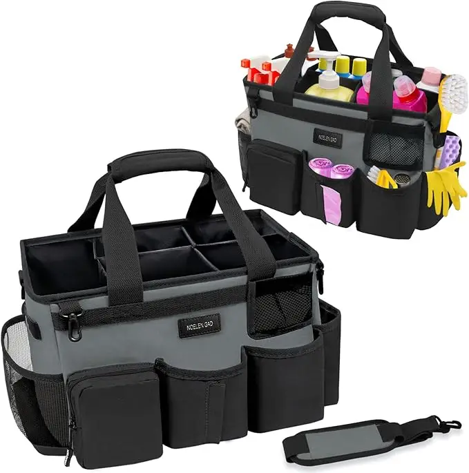 Grey wearable cleaning bag used for cleaning car cleaning tool storage bag with 5 foldable partitions Organizer Pockets Durable Shoulder Straps
