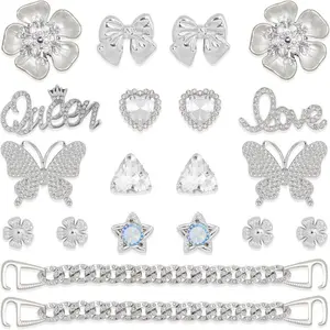 SOGLLQAM 18/20/22/24 Pcs Women Shoe Charm Chain Accessories, Butterfly Flower Pearl Rhinestone Bling Cute Shoe Decoration Charms for Aesthetic Outfit Styling, Party Birthday Valentines Gift Idea