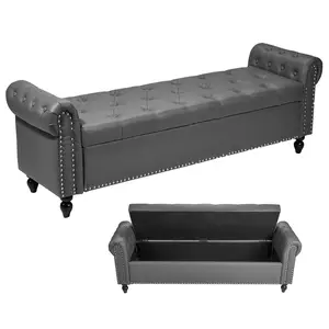 Button-Tufted Storage Ottoman Bench With Rolled Arm Upholstery In PU Leather, Wood Legs, Spacious Lift-Top Storage, Ideal For Living Room, Entryway, Or Bedroom, Gray, Durable Construction, Soft-Close Lift, Hidden Compartment