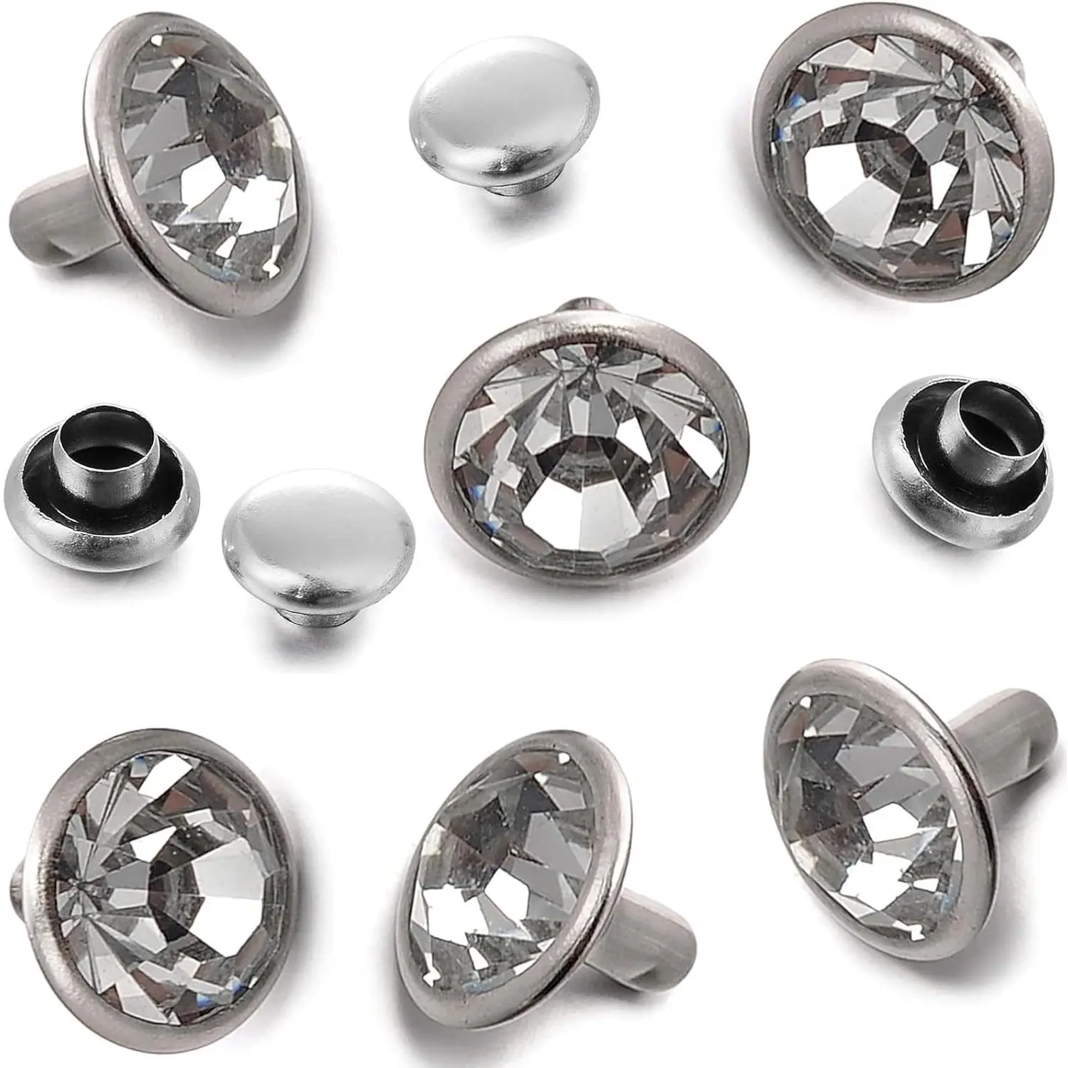 7mm 200 Sets Czech White Clear  Rhinestone Rapid Rivets  Color Metal Studs DIY LeatherCraft Kit for Clothing, Wedding, Art and Crafts