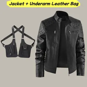 LEDUNTINO Men's Windproof Leather Jacket Closure Solid Color Sport Style Pilot Motorcycle Model Multi-functional Outerwear for Outdoor Activities