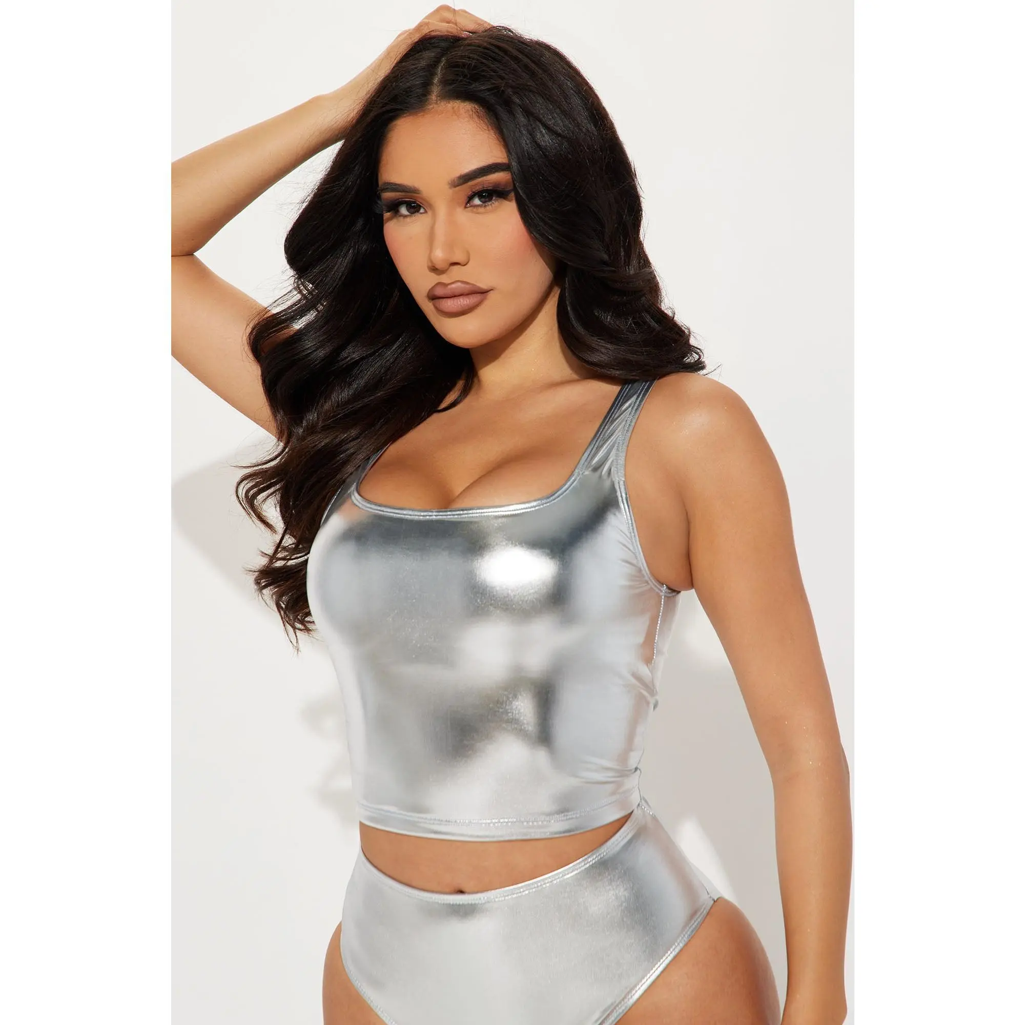 Maui Mix And Match Metallic Tank Bikini Top - Silver
