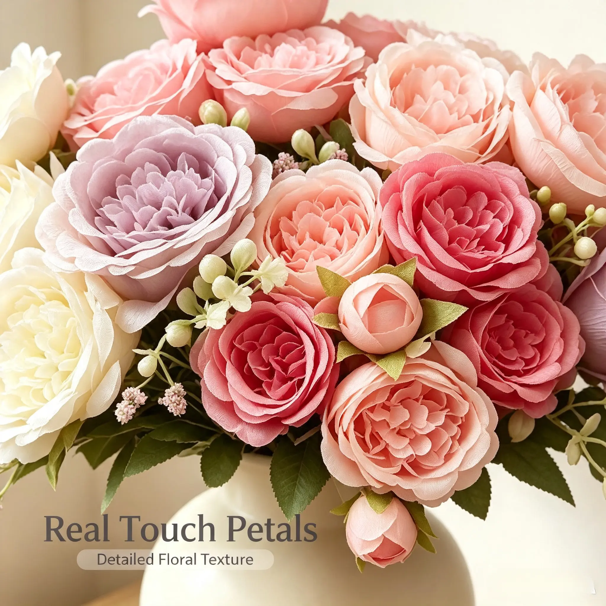Mixed pink, purple, and white artificial peony bouquet, real-touch silk fake ranunculus flower arrangement, small faux floral bunch for table vase decor, wedding centerpiece, farmhouse bedroom aesthetic home décor, non-fading flower gift