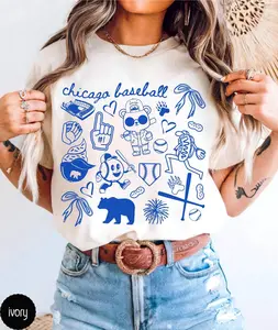 [Sale Up To 50%] Chicago Baseball Doodle Comfort Colors Shirt for Her,Cute Chicago Baseball Game Day Shirt,Gift for Chicago Baseball Fan Gift,Bear Cub Shirt
