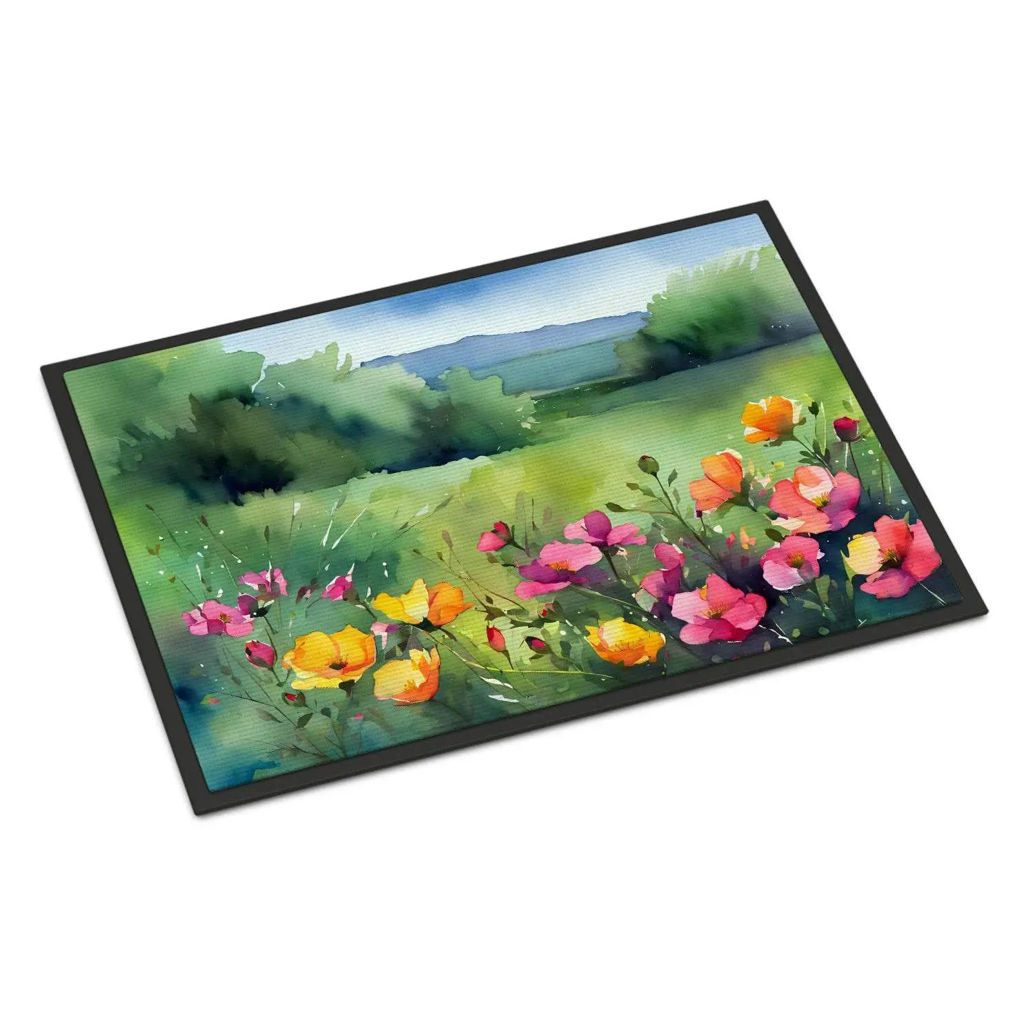 24x36 in Watercolor Art North Dakota Wild Prairie Roses Rug, Polyester Felt Layered Construction, Weatherproof Indoor-Outdoor Household Textile Mat