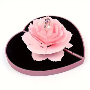 Very Romantic Ring Proposal Ring Box with Heart-Shaped Rose Pattern & Rotating Flower Design in Pink, Organiser Jewelry Engagement Box