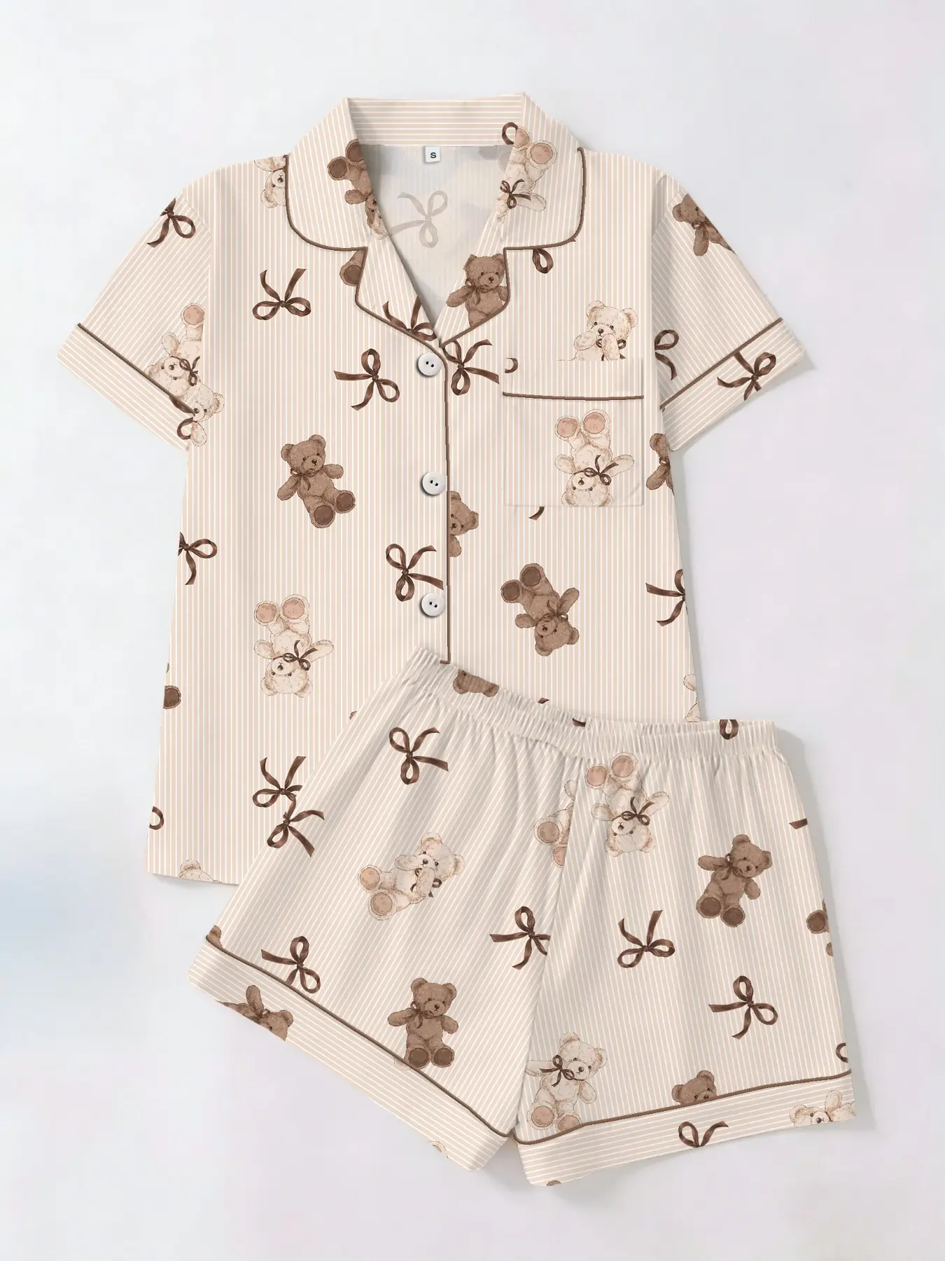 Striped Bear Bow Tie Print Pajama Set, Short Sleeve T-Shirt & Shorts Cardigan Two-Piece, Casual Fitted Homewear Nightwear Loungewear for All Seasons Loungewear