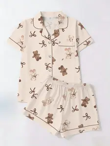 Striped Bear Bow Tie Print Pajama Set Loungewear, Short Sleeve T-Shirt & Shorts Cardigan Two-Piece, Casual Fitted Homewear for All Seasons
