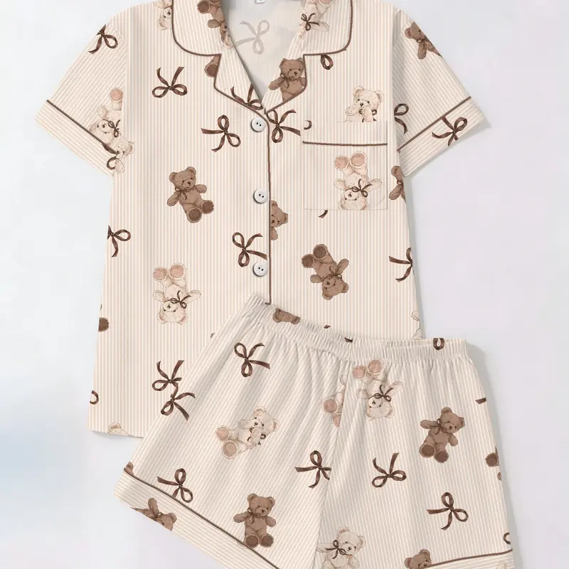 Striped Teddy Bear & Bow Print Pajama Set, Short Sleeve T-Shirt and Shorts Two-Piece, Casual Fitted Homewear Nightwear Loungewear for All Seasons