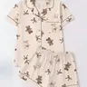 Striped Teddy Bear & Bow Print Pajama Set, Short Sleeve T-Shirt and Shorts Two-Piece, Casual Fitted Homewear Nightwear Loungewear for All Seasons