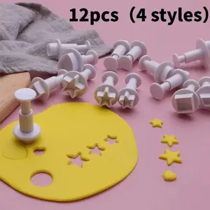 12pcs（4 styles） Geometric Cookie Cutter Set, Plastic Square Sugar Art Decoration, Soft Candy Cutter, Round Star Cookie Cutter, Icing Baking Tool