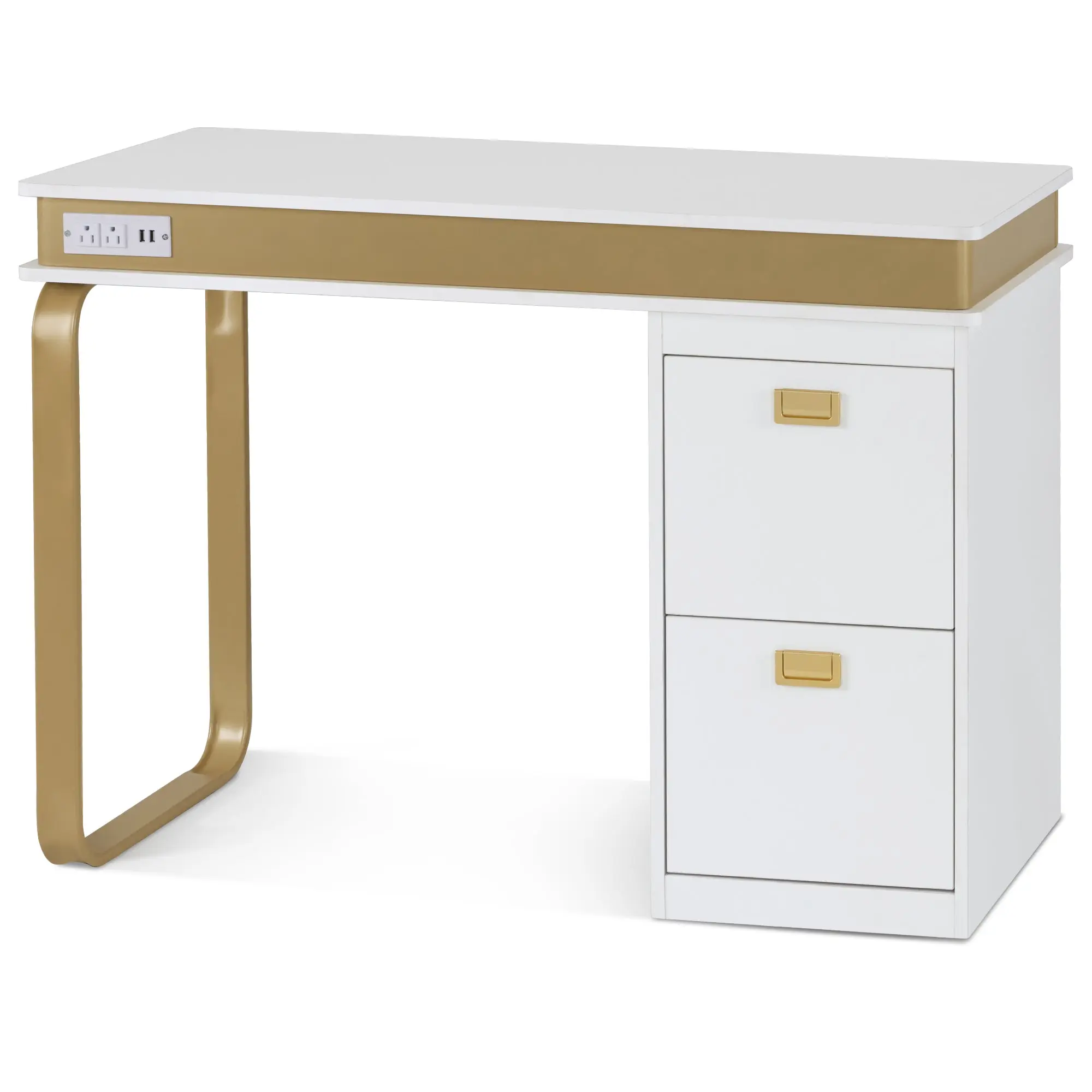 Modern White & Gold Rectangular Manicure Vanity Desk Furniture - MDF & Metal Makeup Dressing Desk with USB Outlets, Large Storage Drawers (2626)