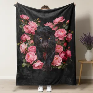 Black Panther Rose Gothic Floral Art Flannel Blanket,Perfect Gift for Dark Academia & Cottagecore Goth Lovers,Soft Throw Blanket Office Bedding Blanket PlushThin Quilt Holiday Gift