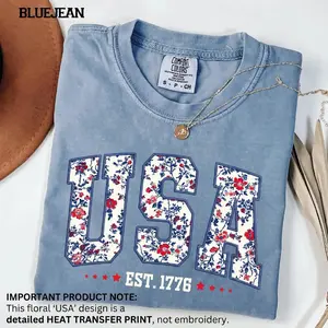 (FAUX EMBROIDERED-PRINT) Comfort Colors Floral USA Shirt, Digital Print, Not Embroidered, vinyl ink, Retro America Shirt, 4th Of July PNG, 4th Of July, Retro USA ,Soft Cotton, Unisex Fit, Classic Design Oversized Womenswear - HARSIN