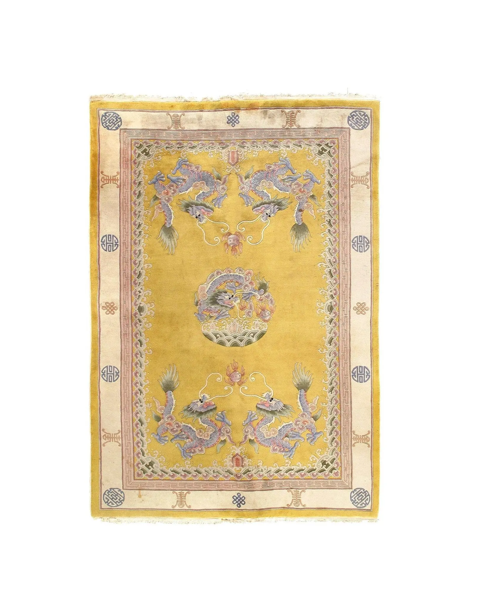 Canvello Genuine Handmade Gold Antique Dragon Chinese Art Deco Wool Rug for Living Room Aesthetic - 5'11'' X 9'