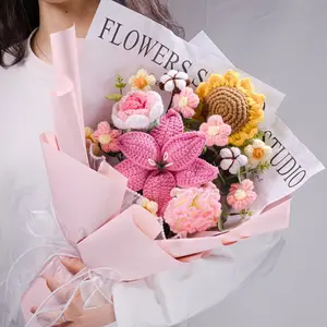 Big Wrapped Crochet Flowers Bouquet with 14 Crochet Flowers, Crochet Sunflower, Lily Bouquet for Home Decor, Graduation Gifts, Gift for Women (Pink Wrapped)