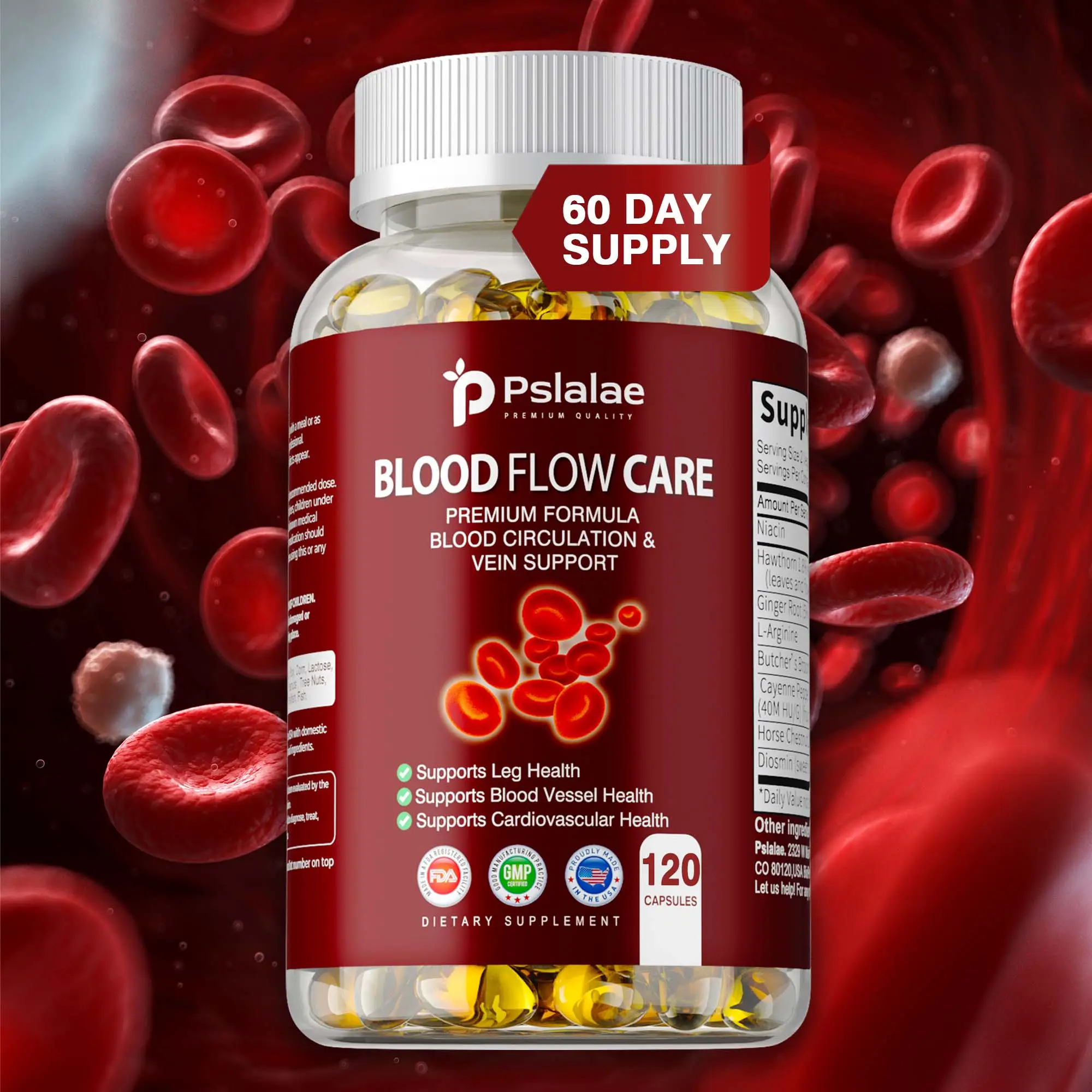 Pslalae - Blood Circulation Supplement, 120 Capsules, Supports Leg Veins, Heart, Vascular and Cardiovascular Health, Contains Niacin, L-Arginine, Ging