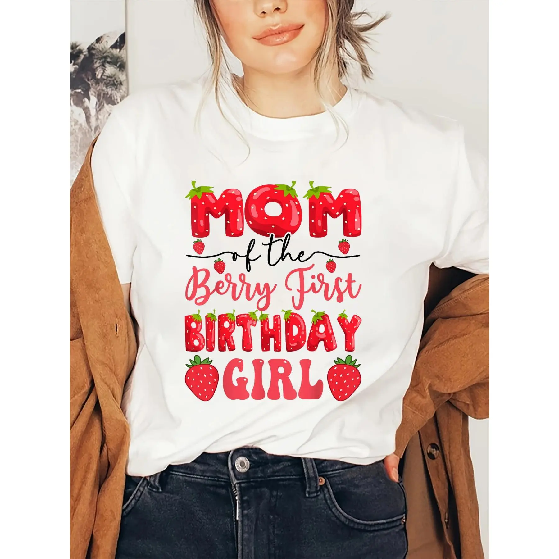 100% Cotton Halloween shirt Mom Of The Berry First Birthday Girl Strawberry Lover T-Shirt fall women clothes