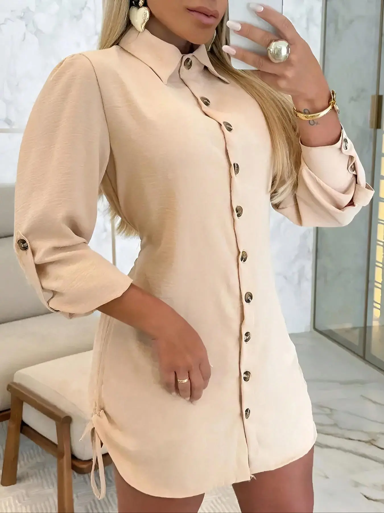 Women's Plain Adjustable Drawstring Button Front Shirt Dress, Casual Rolled Sleeve Collared Slim Fit Short Dress for Spring & Fall, Ladies Clothes for Daily Wear, Womenswear