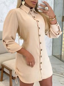 women's plain drawstring button front shirt dress, casual rolled sleeve collared short dress for spring & fall, ladies clothes for daily wear