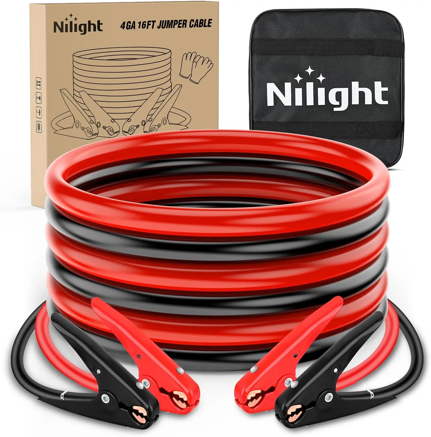 Nilight Heavy-Duty 4-Gauge Jumper Cable Vehicle Accessories, 16ft PVC Emergency Boost Kit with 600A Peak CCA, Tangle-Free Clamps, Gloves & Storage Bag for Pickup Trucks, SUVs