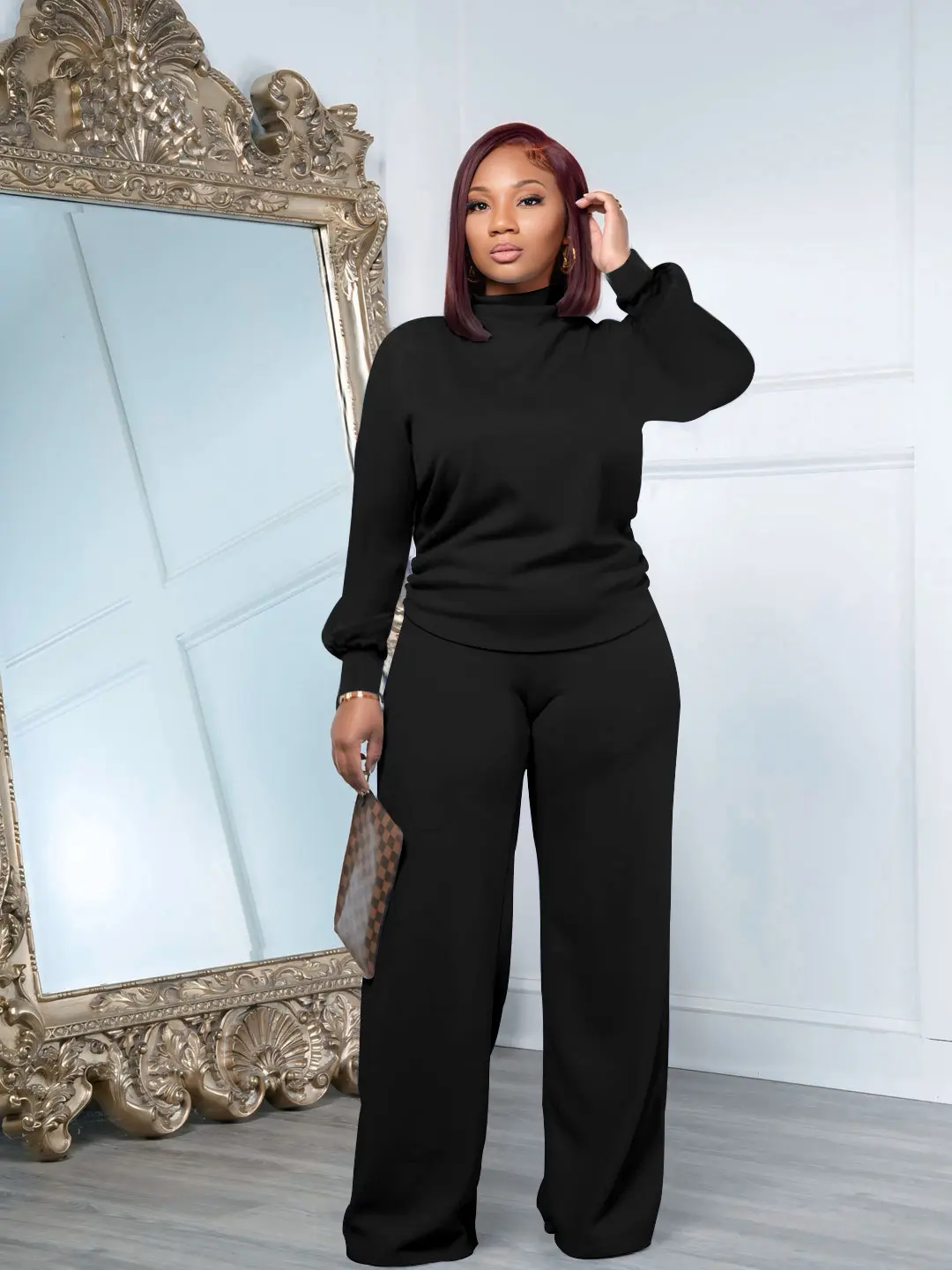 USBoutiqueCHIC Women's Chic Fall Winter Silky Soft 2-Piece Set - Long Sleeve Semi High Neck Loose Top & Wide Leg Pants, Casual Cozy Outfit for Daily Wear
