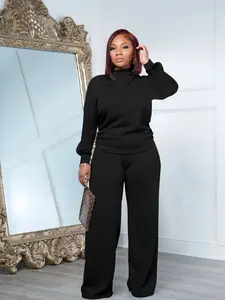 USBoutiqueCHIC Women's Chic Fall Winter Silky Soft 2-Piece Set - Long Sleeve Semi High Neck Loose Top & Wide Leg Pants, Casual Cozy Outfit for Daily Wear