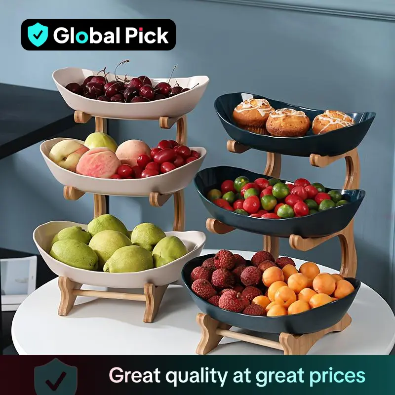 3 Tier Fruit Basket, 1 Count Large Capacity Tiered Fruit Basket Stand, Bamboo Fruit Basket Fruit Tray Snack Nuts Bread Candy Storage Rack