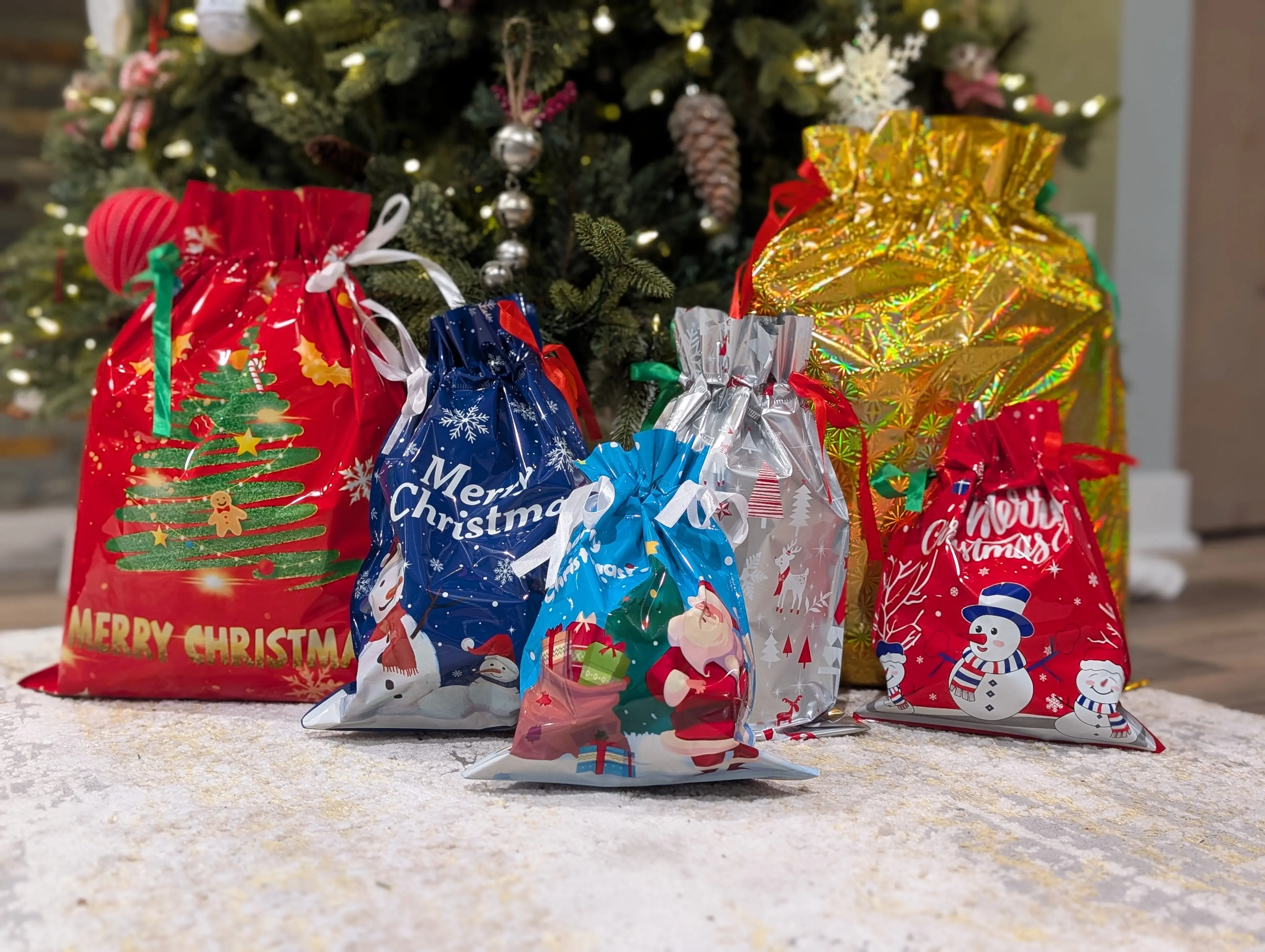 30-Pack Christmas Drawstring Gift Bags with 30 FREE Gift Tags Assorted Designs & Sizes Fast Easy Wrapping for Odd-Shaped Gifts
