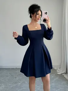 Women’s Solid Color Square Neck Midi Dress – Elegant Belted Autumn Dress for Work, Parties & Daily Wear – Slim Fit Fall Fashion
