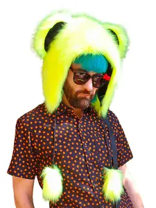 Atomic Laundry Apparel Yellow and Black Faux Fur Bear Mouse Hat with Large Adorable Ears and Fluffy Pom Poms One Size Fits All Teen Adult