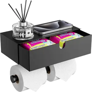 Paper Holder with Roll Paper Holder with Shelf, Tampon Holder for Stainless Wall Mounted Wipes Holder Dispenser, Black