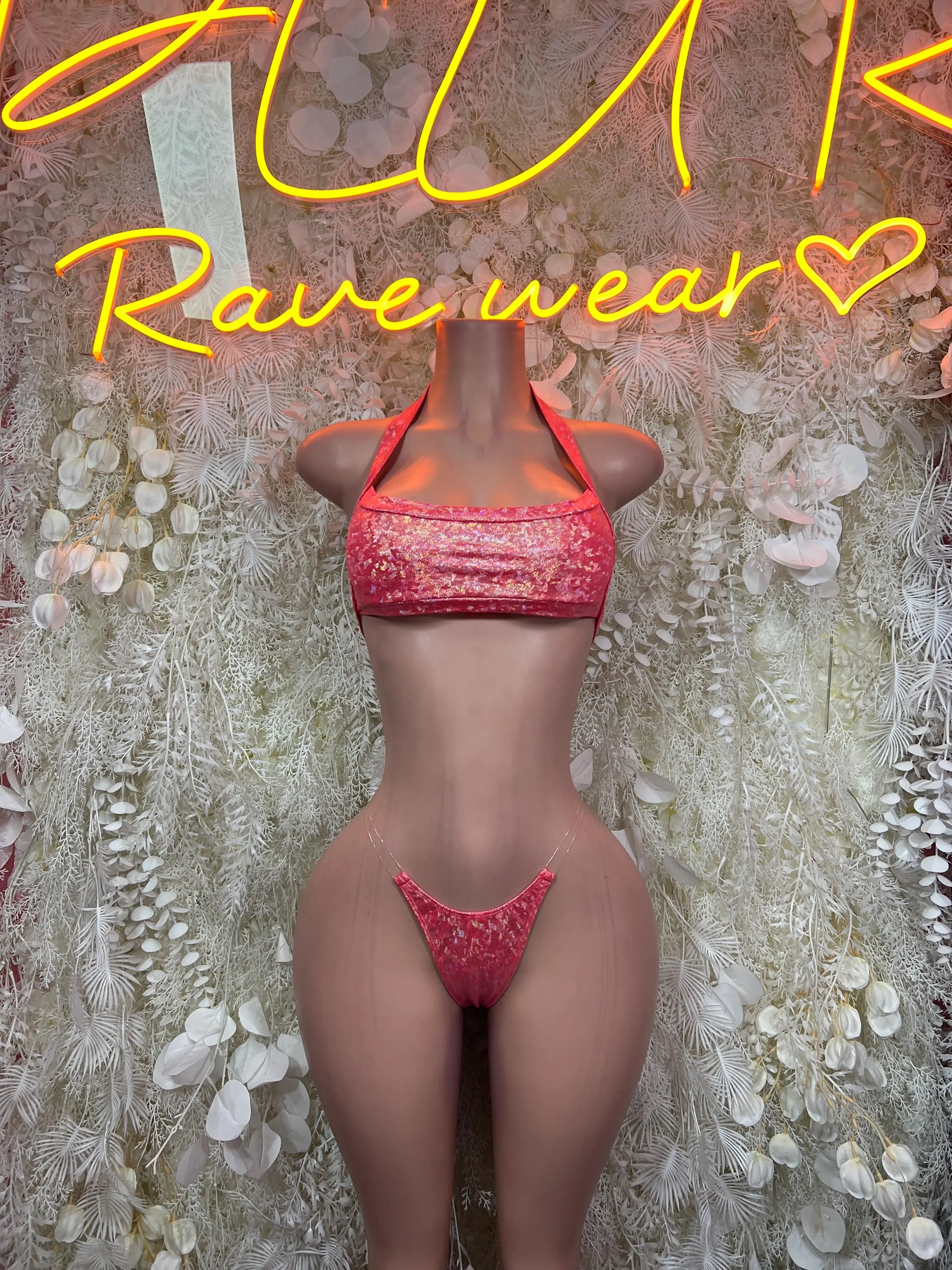 Women's Coral Holographic Sequin 2-Piece Micro Bikini Set - Crop Top with Transparent Straps, Thong Bottom, Rave Wear for Festival, Exotic Dance Club Swimwear
