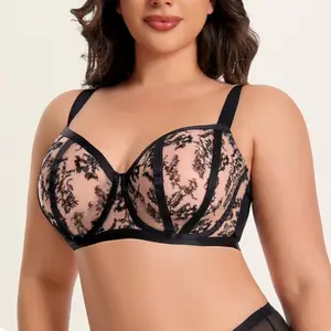 Sexy Womens Lace Sheer Minimizer Bra Non Padded Underwire Female Breathable Flower Embroidery Plus Size Lingerie