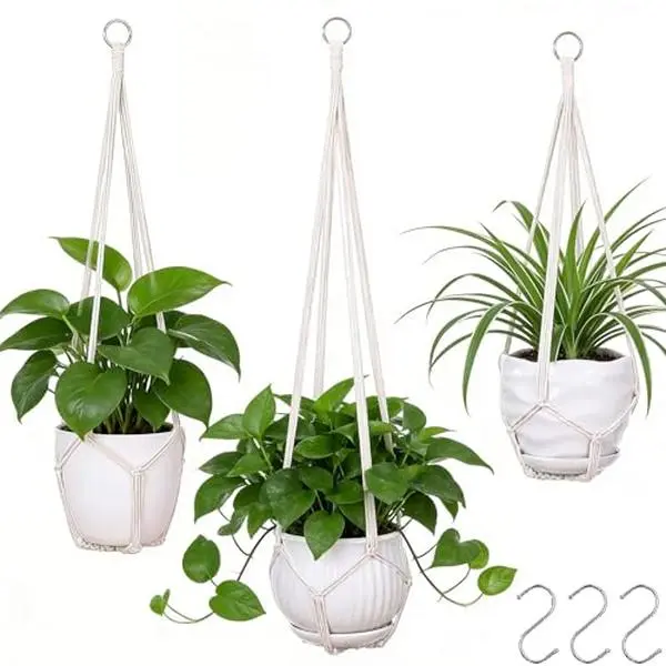 3 Pack Macrame Plant Hangers, Handmade Cotton Hanging Plant Holders with Metal S Hooks, Ivory Boho Decor for Indoor & Outdoor Pots