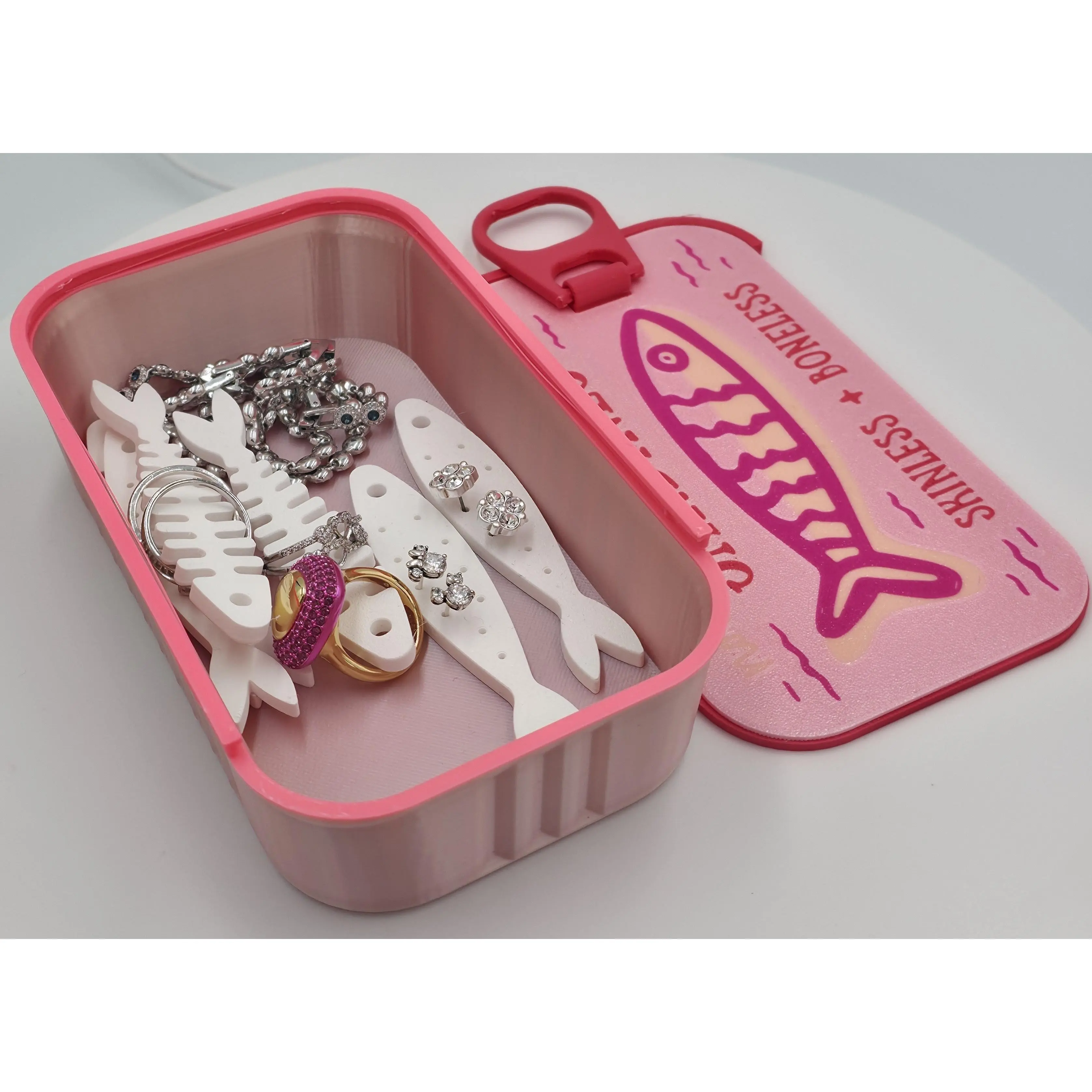3D Printed PLA Plastic Fish Shape Jewelry Organizer - Retro Tin Sardine Can Design with Built-in Holders, Compact Vanity Trinket Box for Earrings, Home Supply Ideal for Valentine’s Day, Birthdays