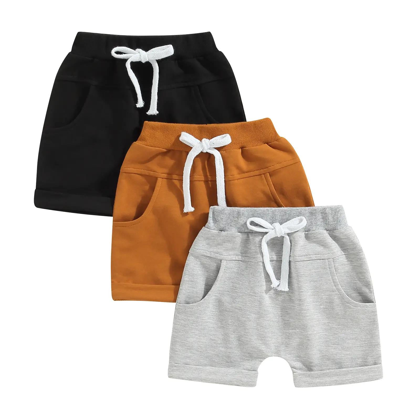 LAGKIYOJ 3Pcs Kids Toddler Baby Boys Summer Short Trousers, Casual Solid Color Drawstring Elastic Waist Jogger Pants Shorts