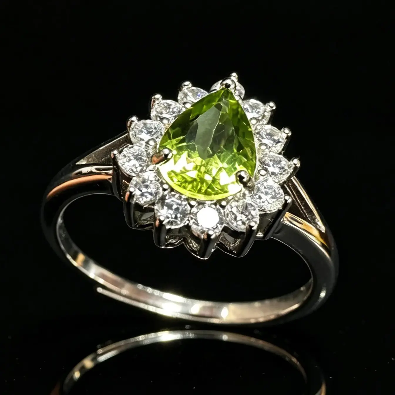 Natural Peridot 925 Silver Adjustable Ring | Pear Halo Valentines Gift , Gift for Wedding/Birthday/Mother'sDay/Christmas