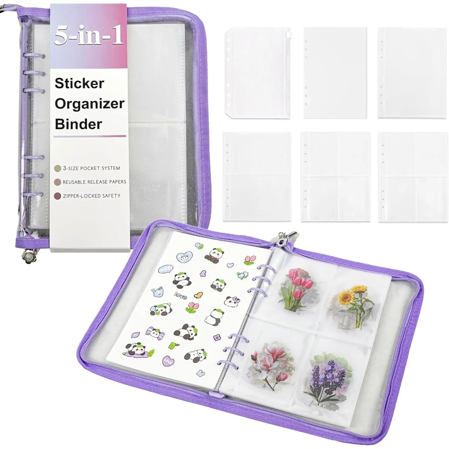 5-in-1 Sticker Organizer Book  A5 Storage Binder with 220 Pockets,10 Release Papers, Zipper Album Sticker Collecting Display Keeper (Purple)