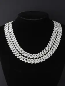 Hip-Hop Cuban Link Diamond Cut Chain Necklace Set, Three Color Options, Zinc Alloy & Rhinestone Design, Unisex Jewelry Accessory, Perfect Gift Idea