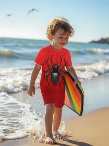 Boys' Spider Print One-Piece Swimsuit, Short Sleeve Zipper Design, Casual Slim-Fitting Swimwear for All Seasons
