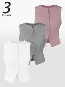 Women's Solid Color Button Front Vest, Casual Sleeveless V Neck Knit Basic Tank Top for Daily Wear, Ladies Clothes for All Seasons, Round Neck