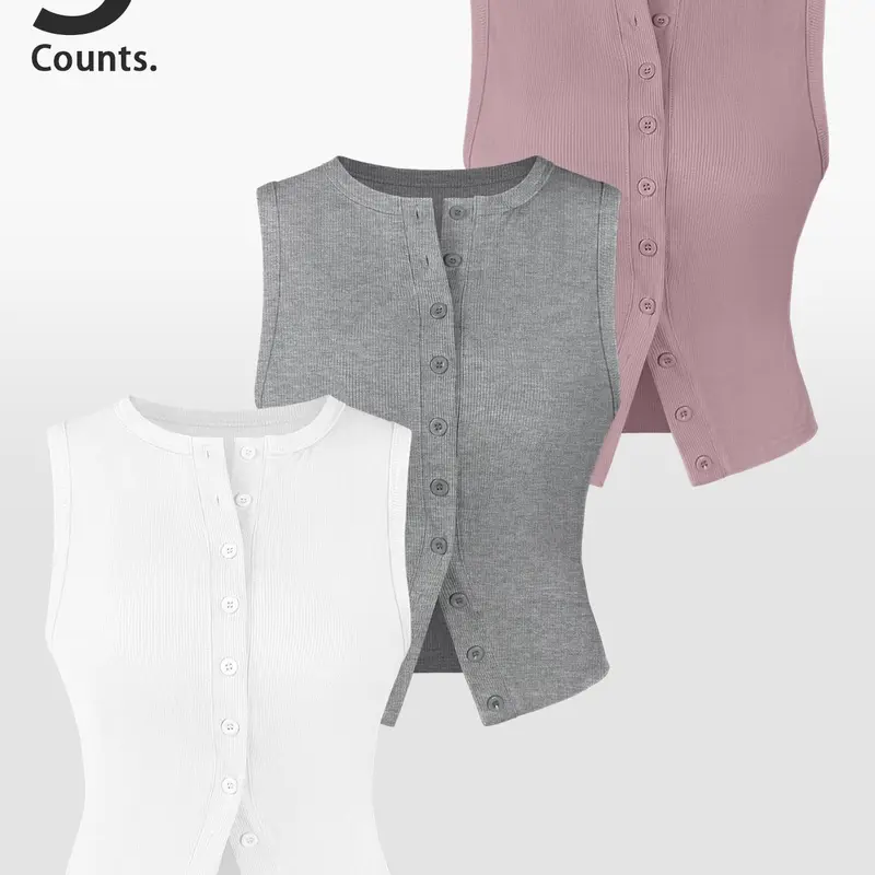 Fashion Casual Basic Minimalist Plain Round Neck Button Front Button Down Sleeveless Short Knit Tank Top Vests, Comfortable Fabric, 1 Piece/3 Pieces Set, 5 Color Options