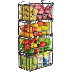 MSERCUOR 4 Pack Stackable Pantry Storage Baskets, Foldable Metal Wire Organizers for Potatoes, Onions, Fruits & Vegetables, Kitchen Counter, Pantry & Cabinet Organization