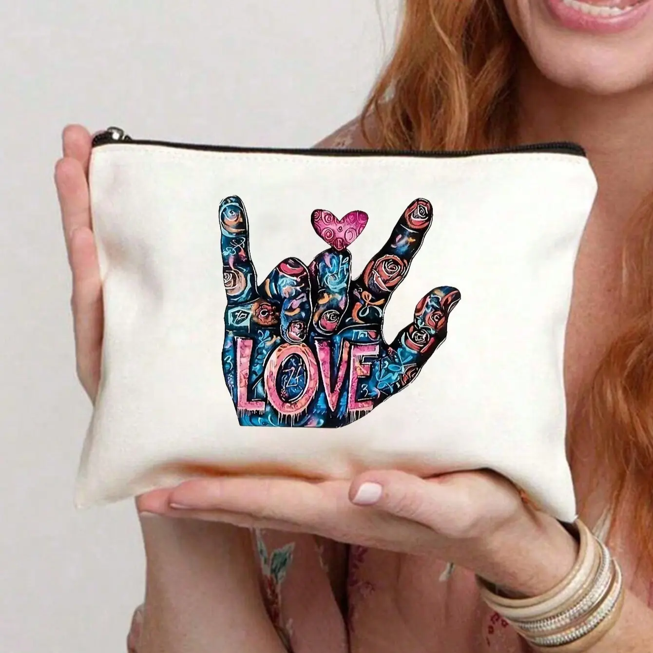 Love Hand Sign Makeup Bag, Travel Cosmetic Bag with Secure Zipper Design, Spacious Compartment for Organized Essentials, Perfect Gift for Valentine's Day and Birthdays