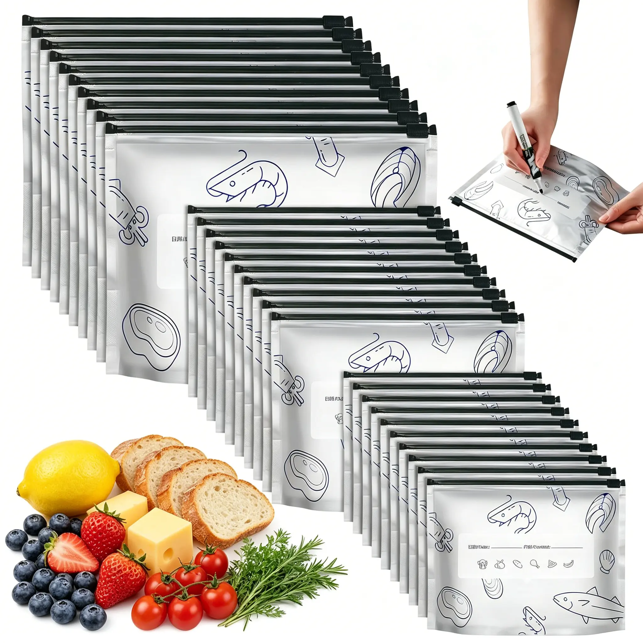 30PCS Reusable Aluminum Foil Sealable Storage Bags, 3 Sizes Stand Up Resealable Zip Lock Food Pouches with Label Area, Reusable Freezer Storage Bags for Vegetable Fruit Meat