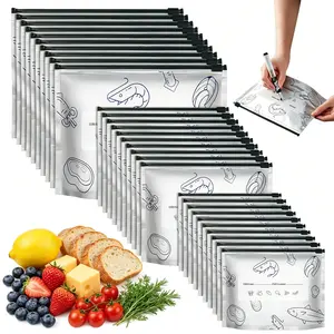 30PCS Reusable Aluminum Foil Sealable Storage Bags, 3 Sizes Stand Up Resealable Zip Lock Food Pouches with Label Area, Reusable Freezer Storage Bags for Vegetable Fruit Meat