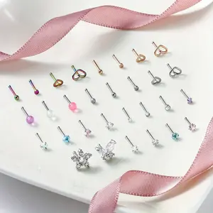 Set Of 30 Stainless Steel Nose Studs - Hypoallergenic Nose Piercing Jewelry with Heart,Butterfly,Rhinestone Designs - Elegant Cute Nose Rings for Women,Everyday Party Jewelry - Perfect Gift for Birthdays, Valentine's,Halloween
